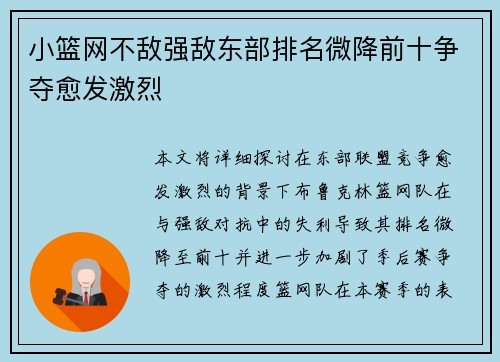 小篮网不敌强敌东部排名微降前十争夺愈发激烈