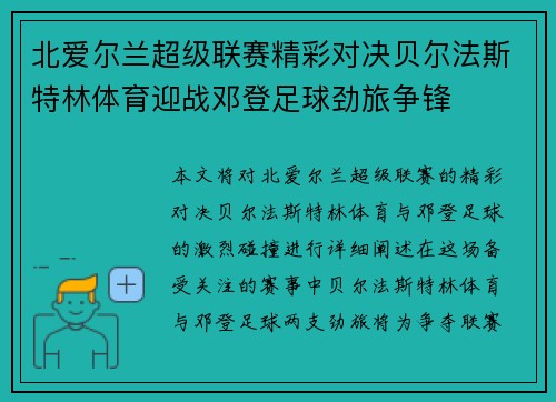 北爱尔兰超级联赛精彩对决贝尔法斯特林体育迎战邓登足球劲旅争锋