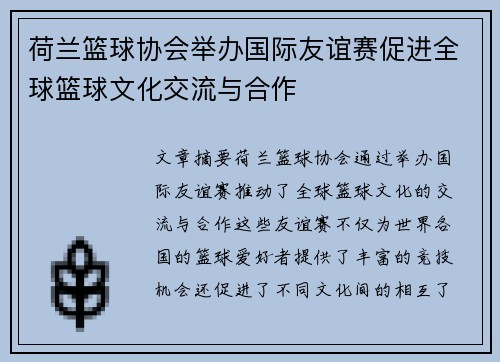 荷兰篮球协会举办国际友谊赛促进全球篮球文化交流与合作