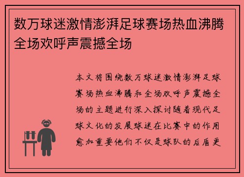 数万球迷激情澎湃足球赛场热血沸腾全场欢呼声震撼全场